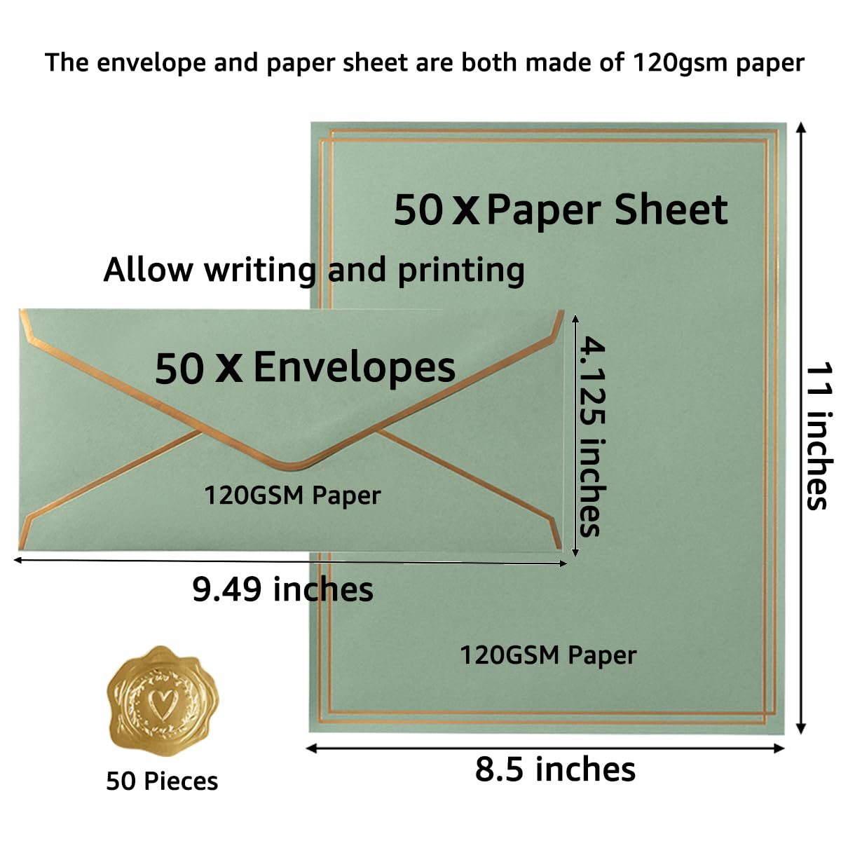 Topeen 50 Pack Stationery Set with Gold Border, #10 Business Envelopes and 8.5x11 Paper Sheets and Stickers for Writing Letters (Sage-Green, 8.5x11 Inches)