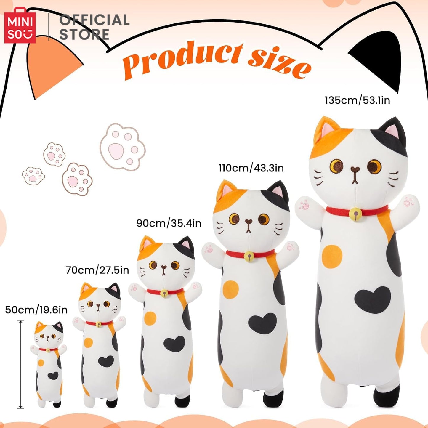 MINISO Long Cat Plush Pillow Kitten Body Pillow Stuffed Animals Soft Throw Sleeping Pillow Kawaii Cuddle Cartoon Stuffed Plush Toy for Kids Boys Girls, 20"