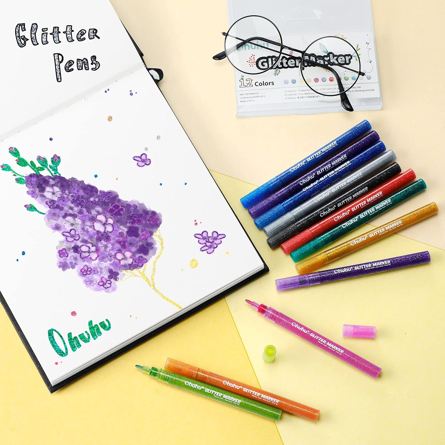 Ohuhu Glitter Markers Pen: 12 Glitter Colors Metallic Shimmer Marker Fine Tip Water-based Ink for Kids Adults DIY Crafts Greeting Birthday Cards Making Mugs Wood