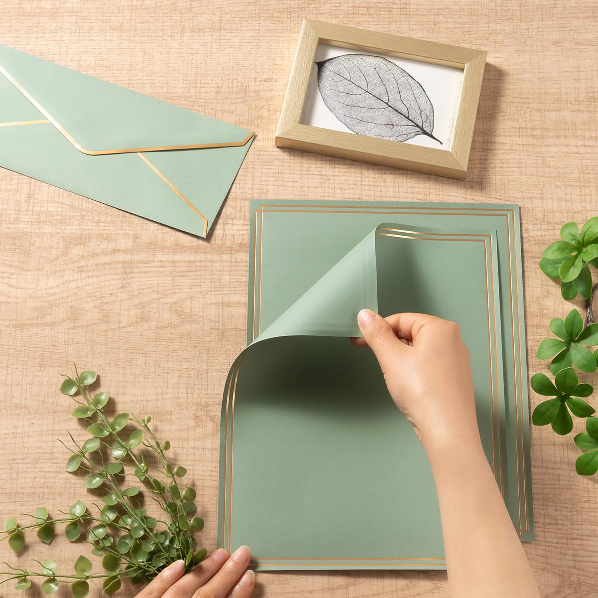 Topeen 50 Pack Stationery Set with Gold Border, #10 Business Envelopes and 8.5x11 Paper Sheets and Stickers for Writing Letters (Sage-Green, 8.5x11 Inches)