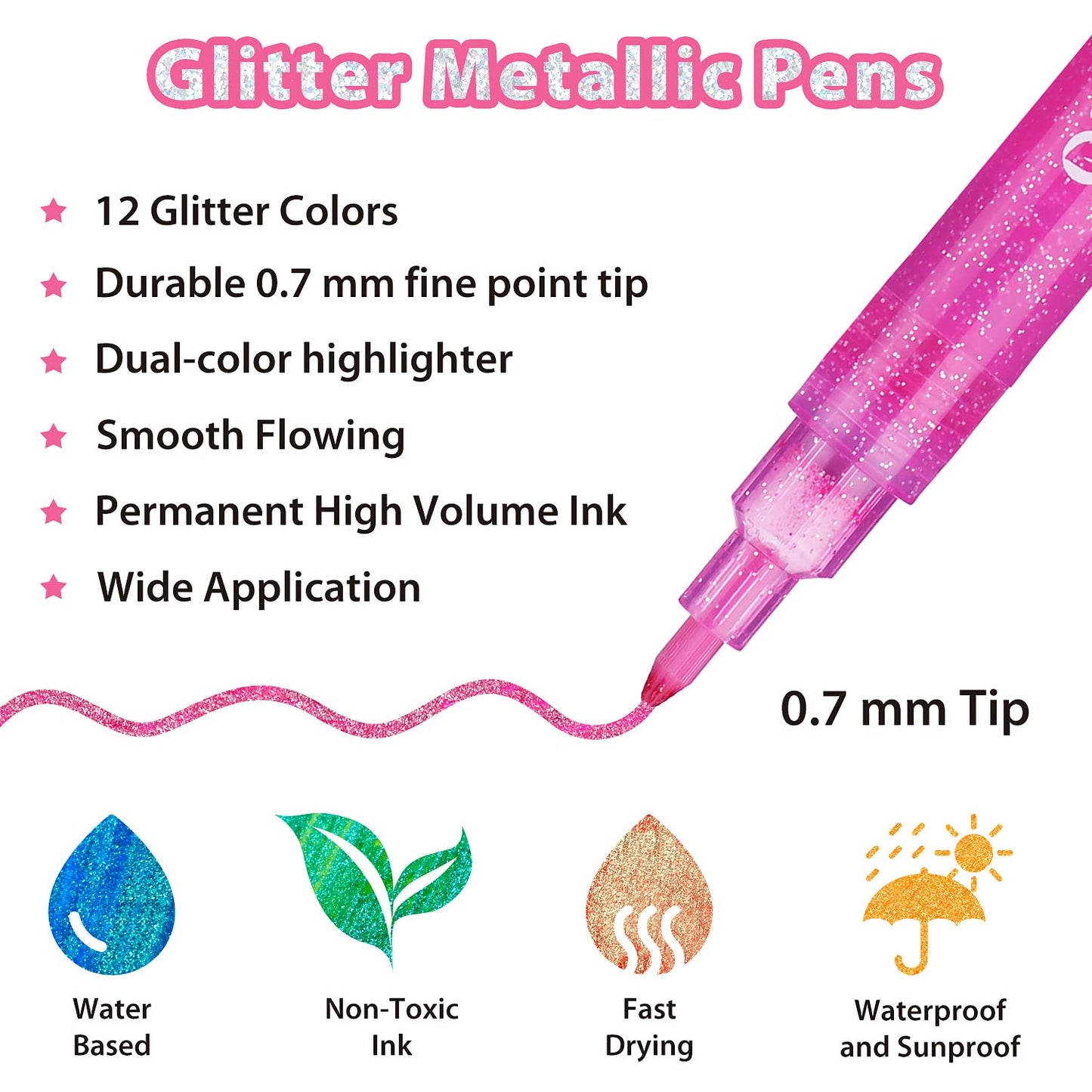 Ohuhu Glitter Markers Pen: 12 Glitter Colors Metallic Shimmer Marker Fine Tip Water-based Ink for Kids Adults DIY Crafts Greeting Birthday Cards Making Mugs Wood