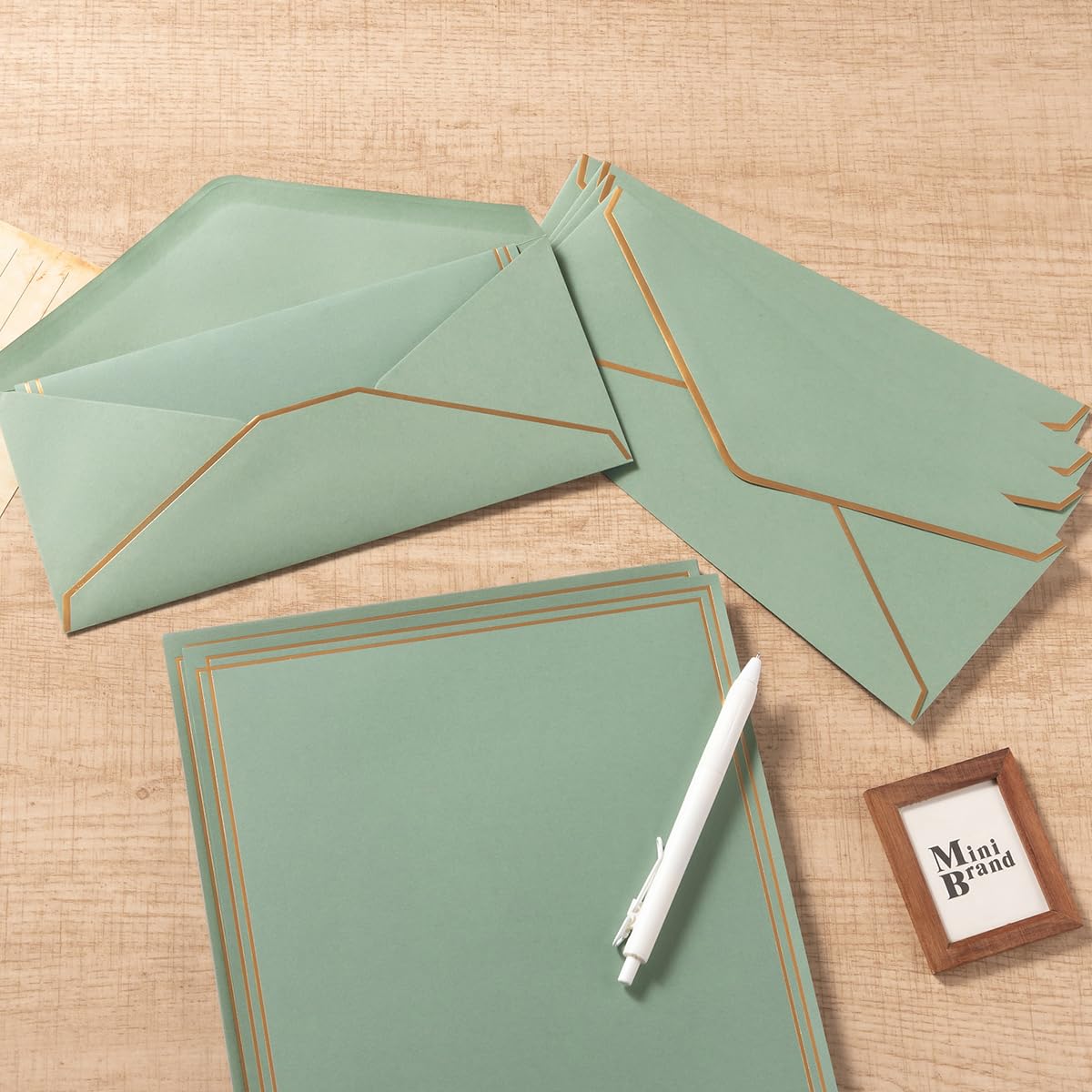 Topeen 50 Pack Stationery Set with Gold Border, #10 Business Envelopes and 8.5x11 Paper Sheets and Stickers for Writing Letters (Sage-Green, 8.5x11 Inches)