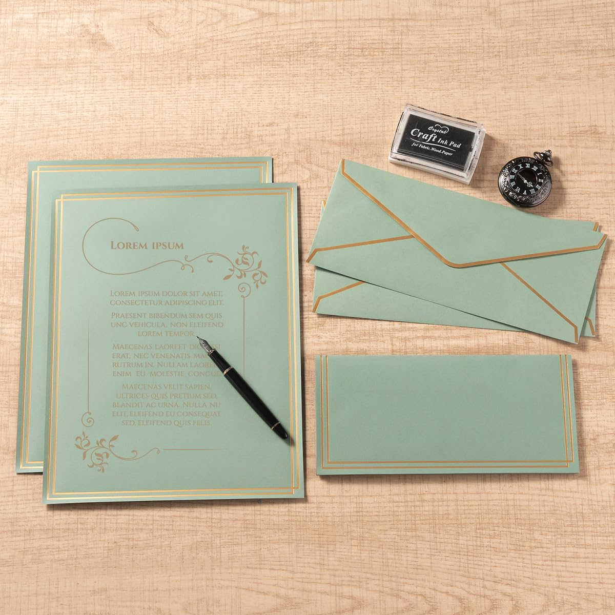 Topeen 50 Pack Stationery Set with Gold Border, #10 Business Envelopes and 8.5x11 Paper Sheets and Stickers for Writing Letters (Sage-Green, 8.5x11 Inches)