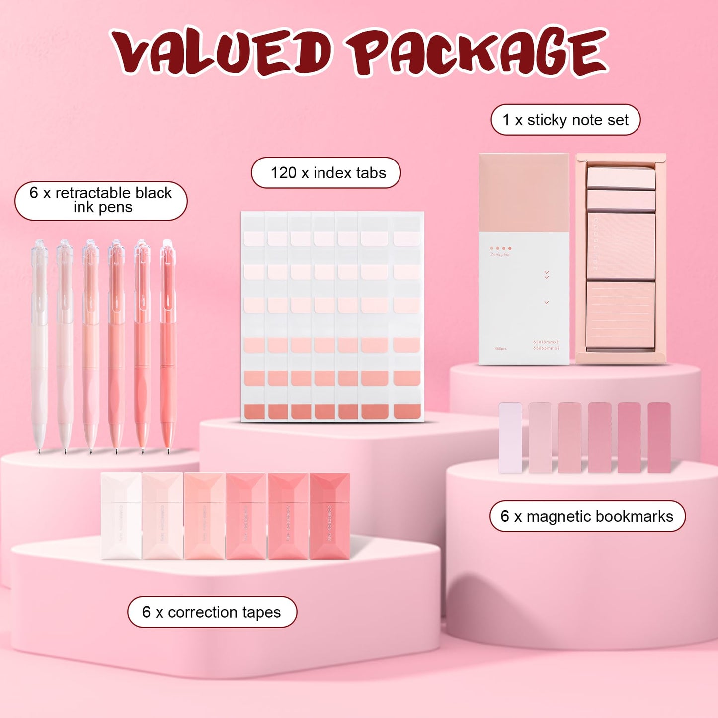 Aesthetic School Supplies with Sticky Notes Set Gel Pens Correction Tapes Sticky Index Tabs Magnetic Bookmarks, College School Supplies Stationery Kit for Students Stationary College Essentials (Pink)
