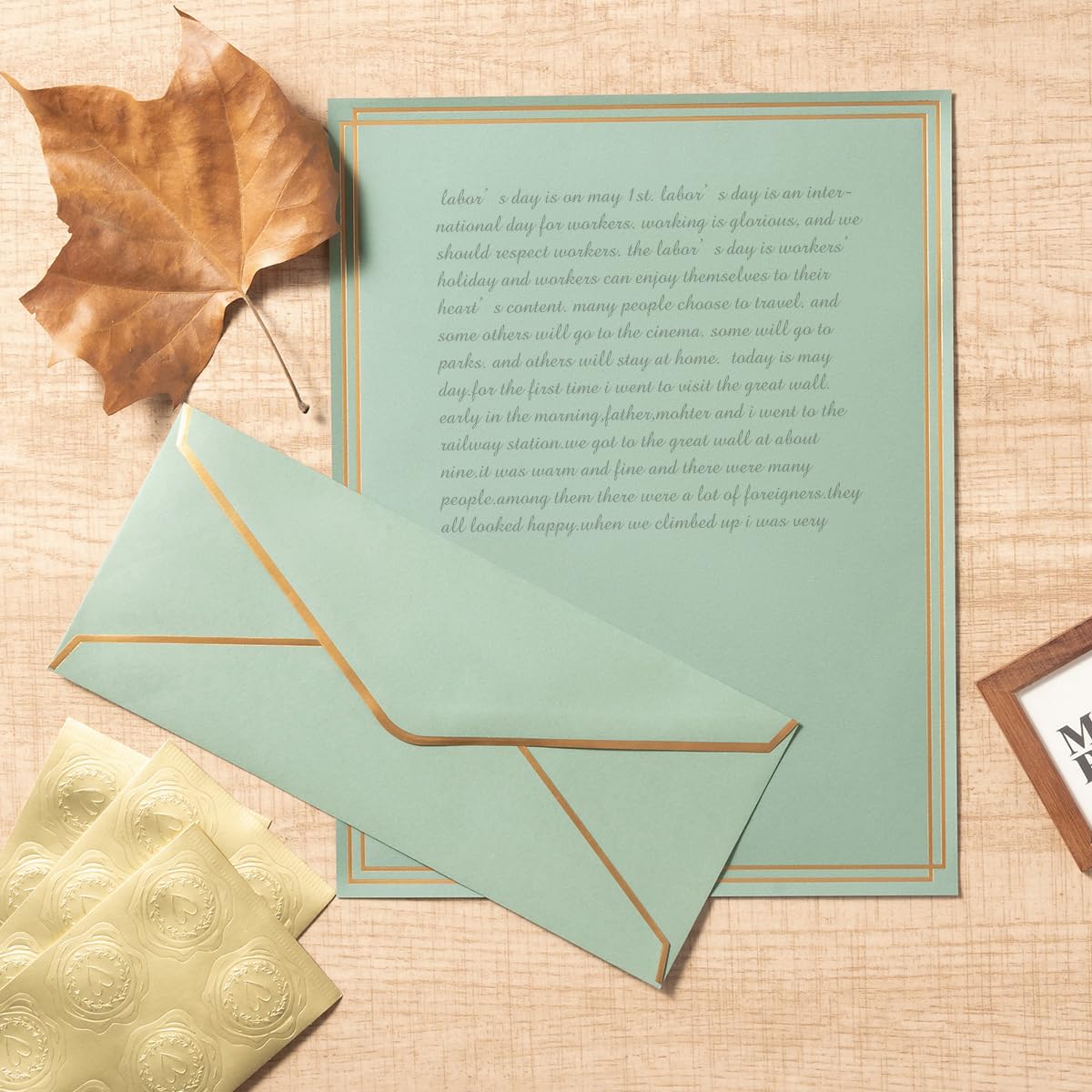 Topeen 50 Pack Stationery Set with Gold Border, #10 Business Envelopes and 8.5x11 Paper Sheets and Stickers for Writing Letters (Sage-Green, 8.5x11 Inches)