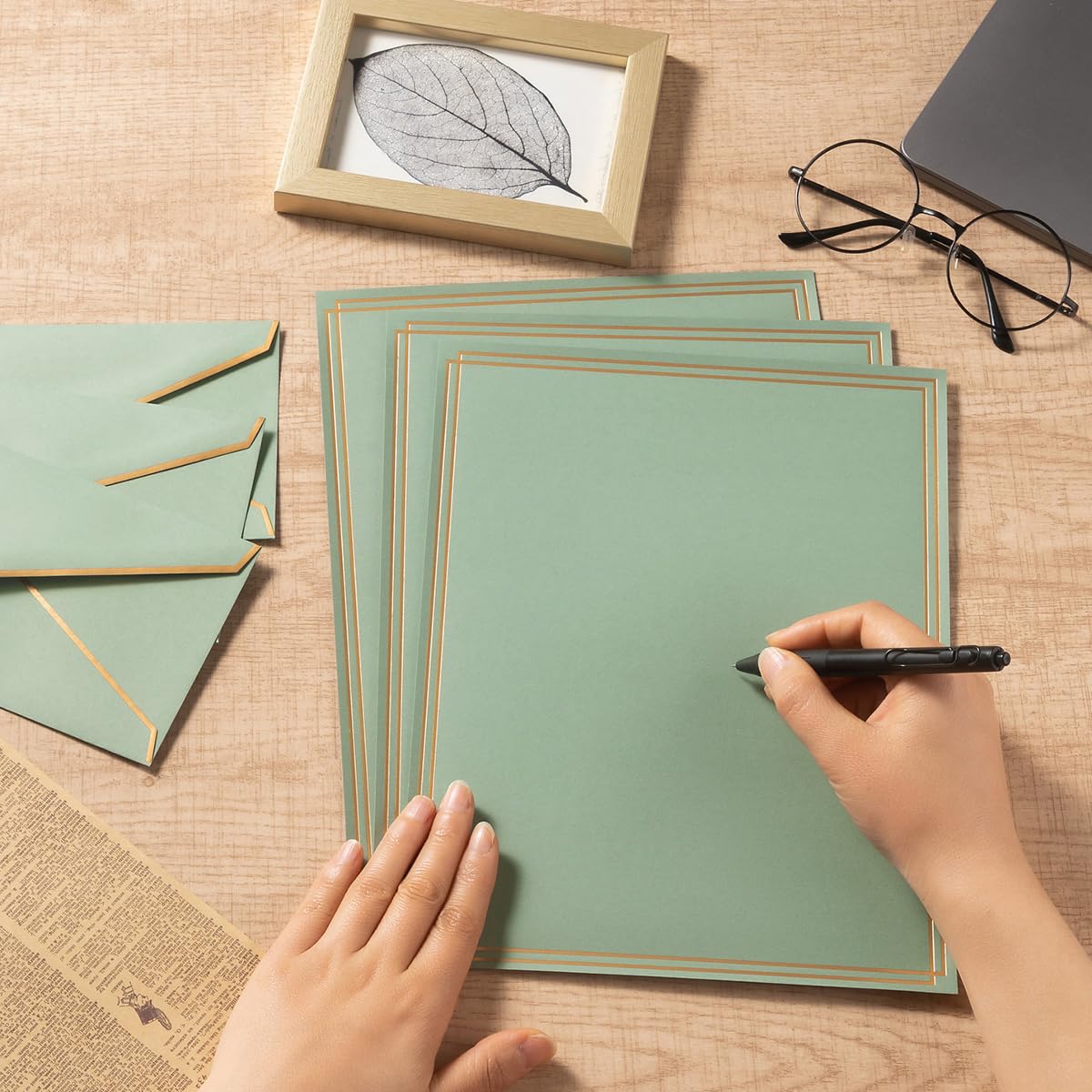 Topeen 50 Pack Stationery Set with Gold Border, #10 Business Envelopes and 8.5x11 Paper Sheets and Stickers for Writing Letters (Sage-Green, 8.5x11 Inches)
