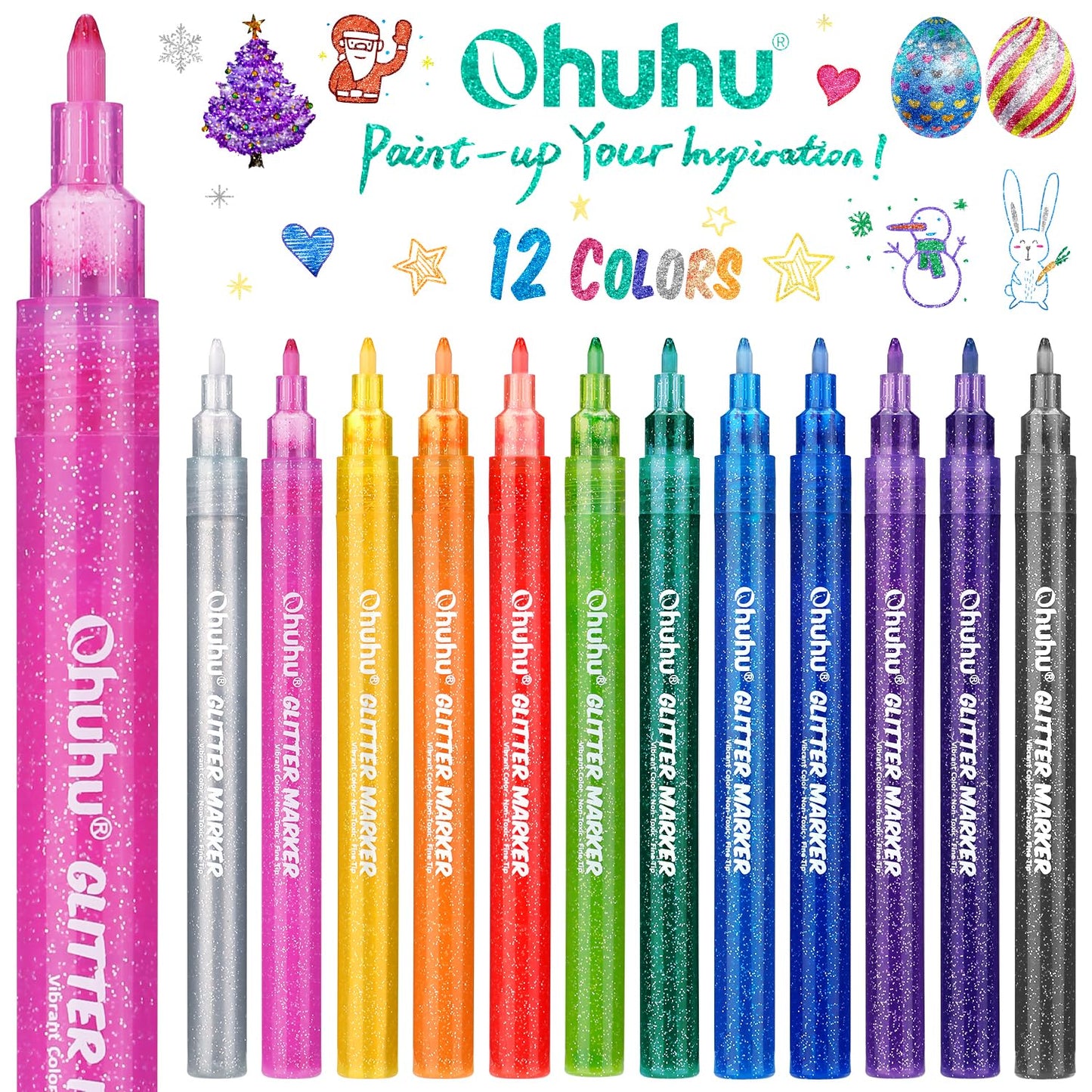 Ohuhu Glitter Markers Pen: 12 Glitter Colors Metallic Shimmer Marker Fine Tip Water-based Ink for Kids Adults DIY Crafts Greeting Birthday Cards Making Mugs Wood