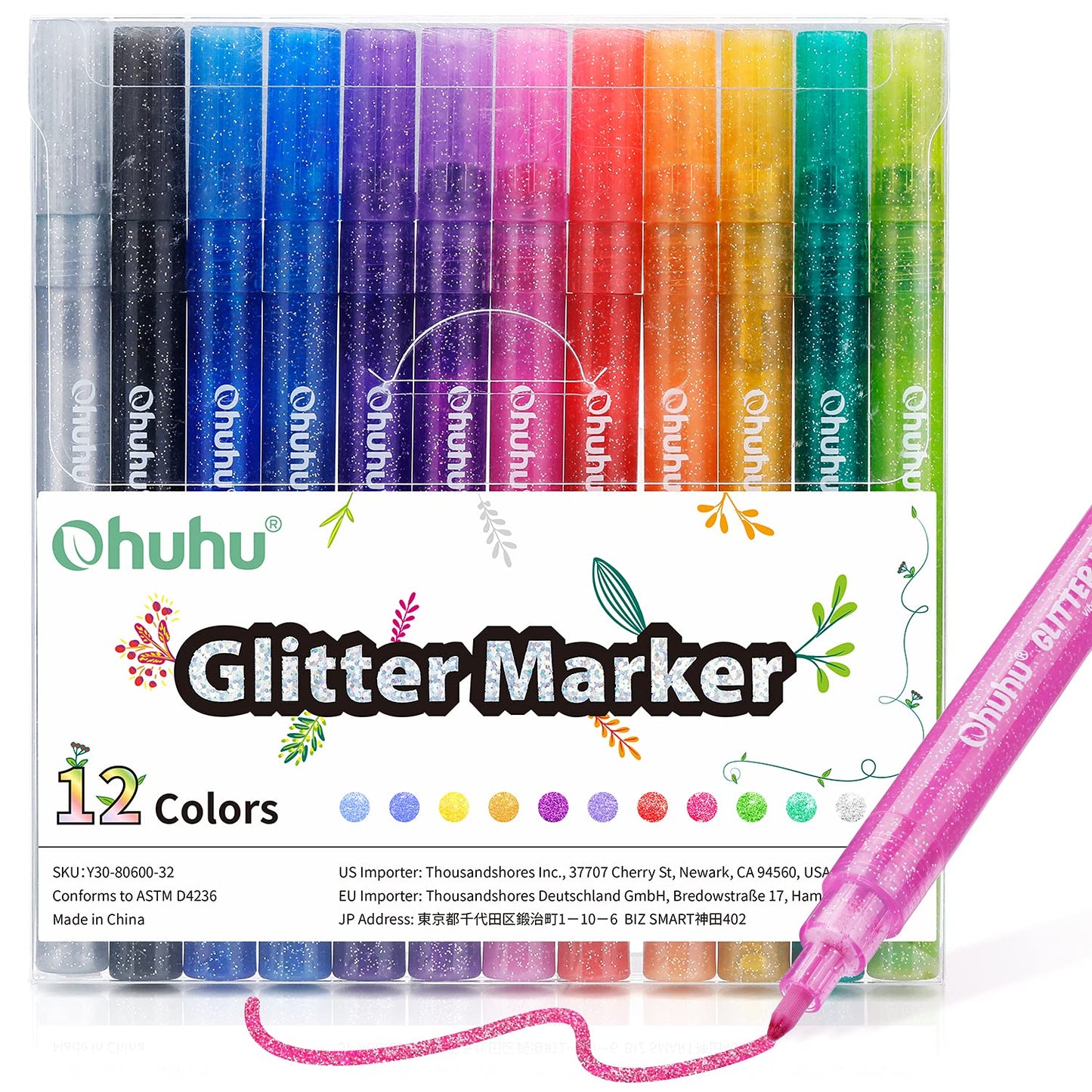 Ohuhu Glitter Markers Pen: 12 Glitter Colors Metallic Shimmer Marker Fine Tip Water-based Ink for Kids Adults DIY Crafts Greeting Birthday Cards Making Mugs Wood