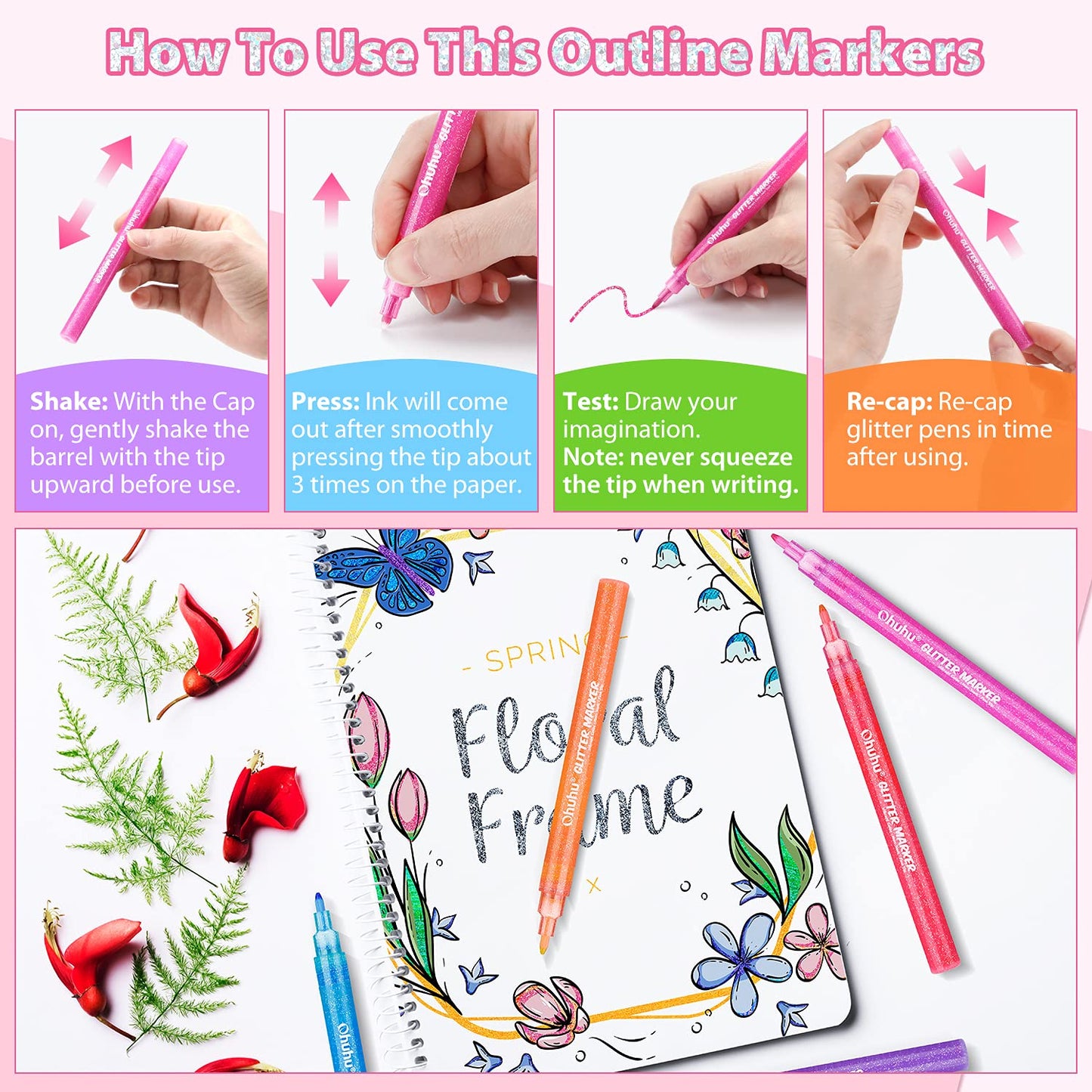 Ohuhu Glitter Markers Pen: 12 Glitter Colors Metallic Shimmer Marker Fine Tip Water-based Ink for Kids Adults DIY Crafts Greeting Birthday Cards Making Mugs Wood