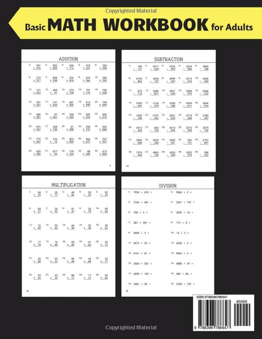 Basic Math Workbook for Adults: Activity book with over 3300 tasks of addition, subtraction, multiplication and division to practice basic skills and keep the mind active.