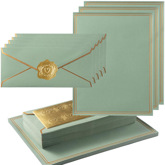 Topeen 50 Pack Stationery Set with Gold Border, #10 Business Envelopes and 8.5x11 Paper Sheets and Stickers for Writing Letters (Sage-Green, 8.5x11 Inches)