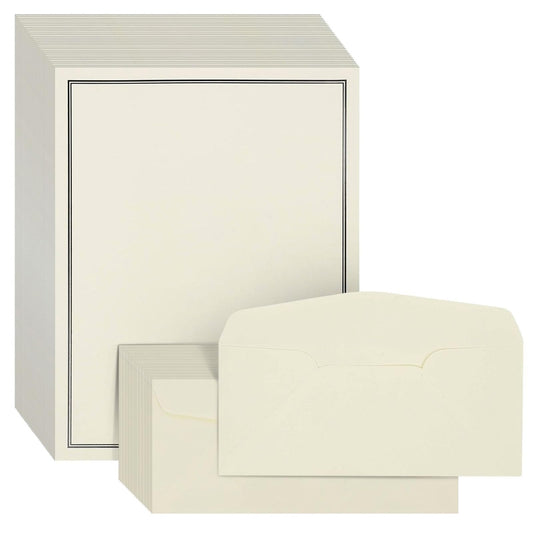 Pipilo Press 72-Piece Stationery Paper & Envelopes Set - 8.5 x 11 in Ecru Letter Paper with Black Border - Letter Writing Set with 48 Sheets & 24 Envelopes - Supplies for Correspondence
