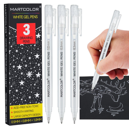 MARTCOLOR White Gel Pens, 05/08/10mm Assorted Tip Opaque Archival Ink Pen for Journaling, Art, or Drawing - For Holiday Gifts & DIY Projects, White Gel Pens for Art Highlight, 3 Pack