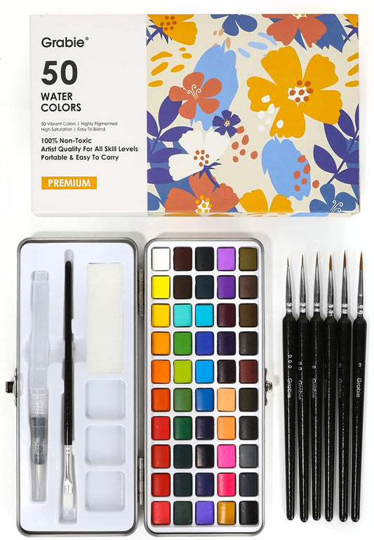 Grabie 50 Colors Watercolor Paint Set, Detail Paint Brush Included, Watercolor Paints, Painting Sets, Art Supplies for Painting, Travel Watercolor Set, Amateur Hobbyists