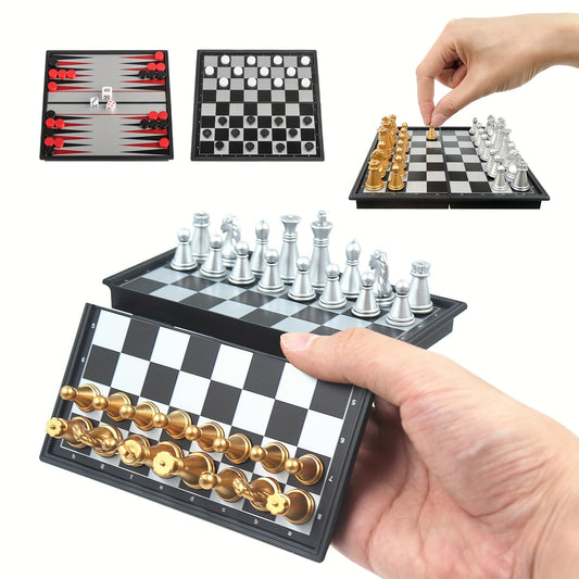 FVANTIME Chess Board Game Set Mini Magnetic Chess Kit Table Game with Folding Case 5'' Portable 3 in 1 Chess Checkers Backgammon Set Travel Game 2 Players