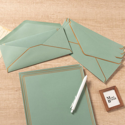 Topeen 50 Pack Stationery Set with Gold Border, #10 Business Envelopes and 8.5x11 Paper Sheets and Stickers for Writing Letters (Sage-Green, 8.5x11 Inches)