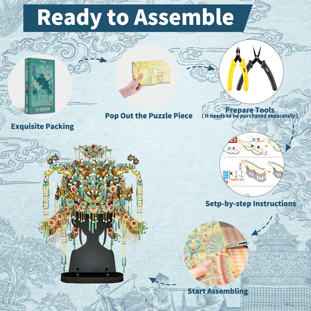 Piececool 3D Metal Puzzles for Adults, Chinese Kingfisher Phoenix Tiara Model Kits DIY Hobbies Crafts for Adult Difficult 3D Puzzles for Women, Home Decor Family Time Best Gifts