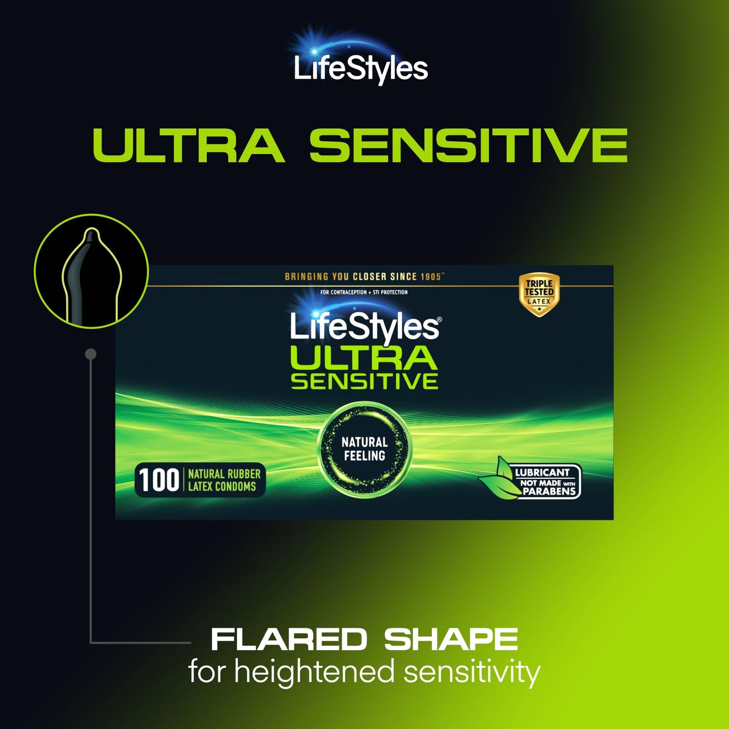 LifeStyles Ultra Sensitive Premium Lubricated Natural Latex Condoms Value Pack - 100 Count, 1 Pack - Triple Tested for Best Protection, Made with UltraGlide Silicone Lube