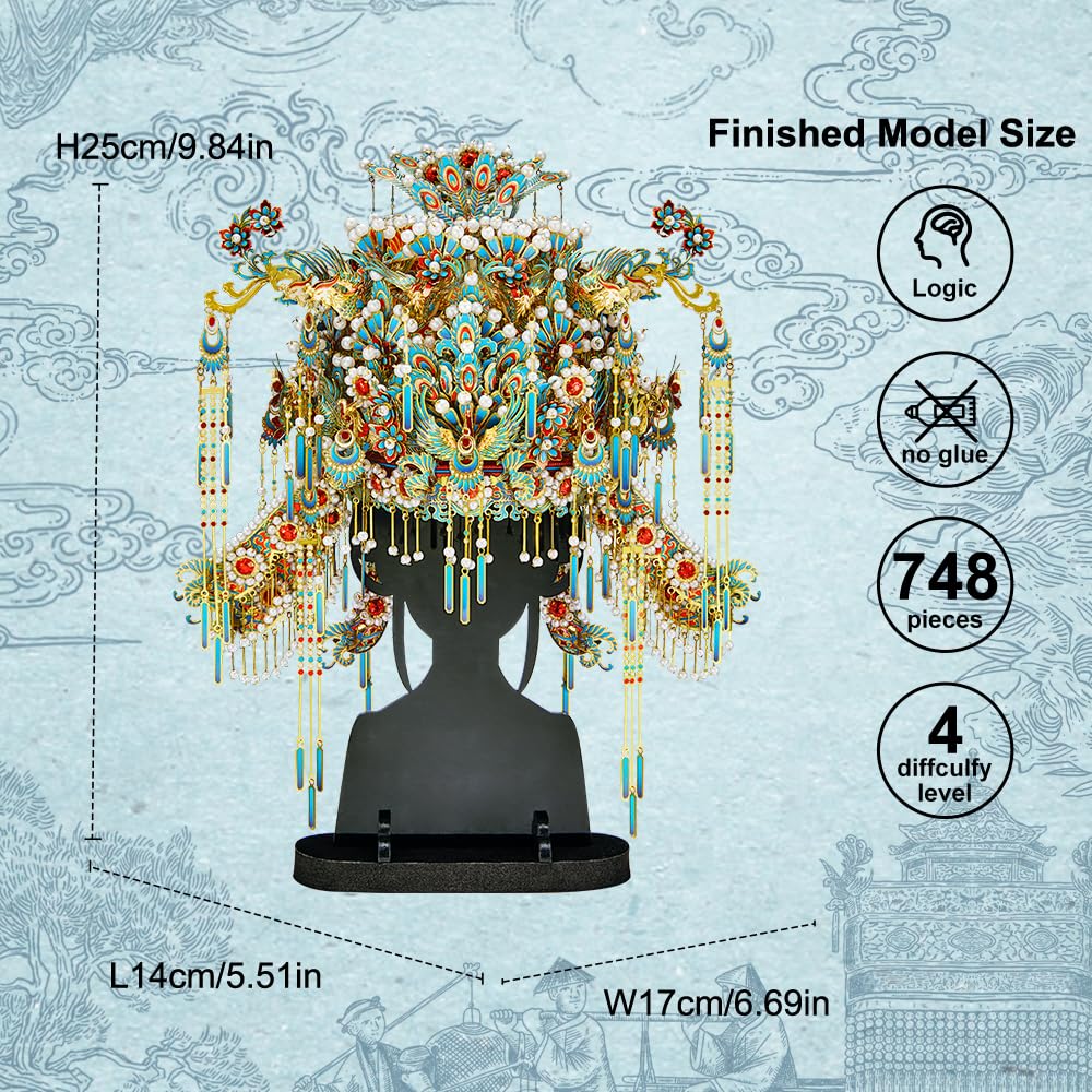 Piececool 3D Metal Puzzles for Adults, Chinese Kingfisher Phoenix Tiara Model Kits DIY Hobbies Crafts for Adult Difficult 3D Puzzles for Women, Home Decor Family Time Best Gifts