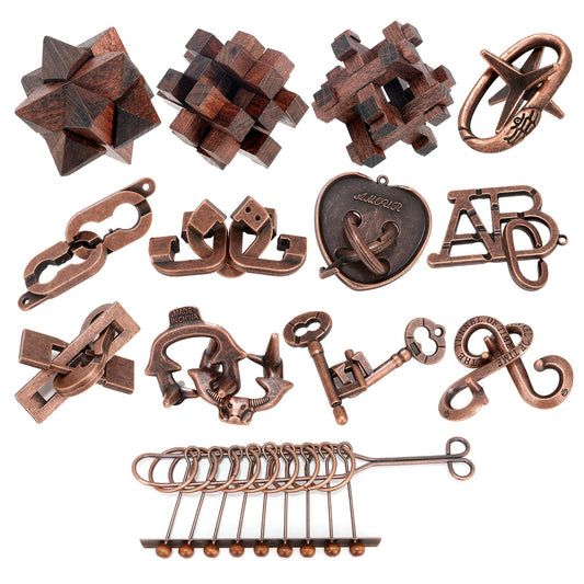 13 Pcs Brain Teaser Puzzles for Adults Teens - Metal Puzzles 3D Puzzle Game Toys for Adults Teens - Wooden Unlock Interlocking Puzzle Adult IQ Education Smart Toys