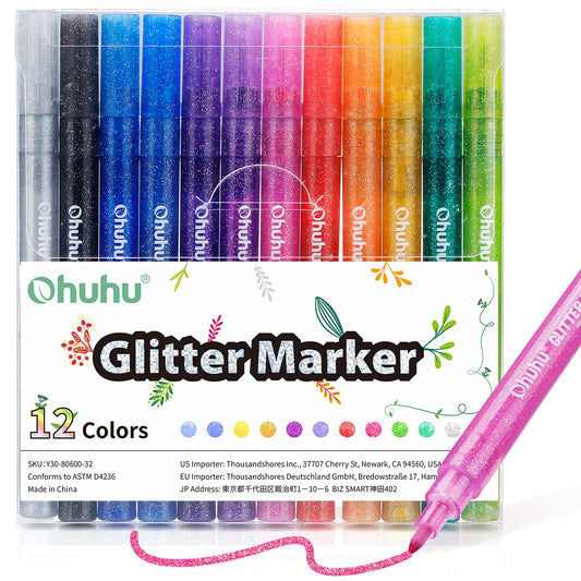 Ohuhu Glitter Markers Pen: 12 Glitter Colors Metallic Shimmer Marker Fine Tip Water-based Ink for Kids Adults DIY Crafts Greeting Birthday Cards Making Mugs Wood