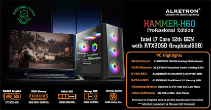 ALKETRON Hammer H60 Gaming PC – 12th Gen Intel Core i7 (Alder Lake), RTX 3050, 16GB DDR4 RAM, 1TB NVMe SSD, Windows 11 Pro | High-Performance Professional Desktop